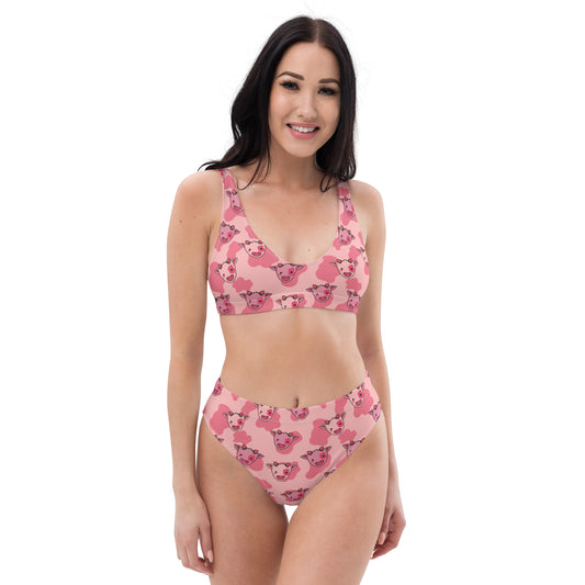 Sustainable Pink Cow Strawberry High Waisted Bikini Set