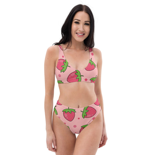Sustainable Big Strawberries Pink High Waisted bikini Fruitset