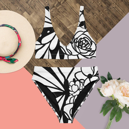 Sustainable Flower Butterfly Recycled high-waisted bikini swimsuit set