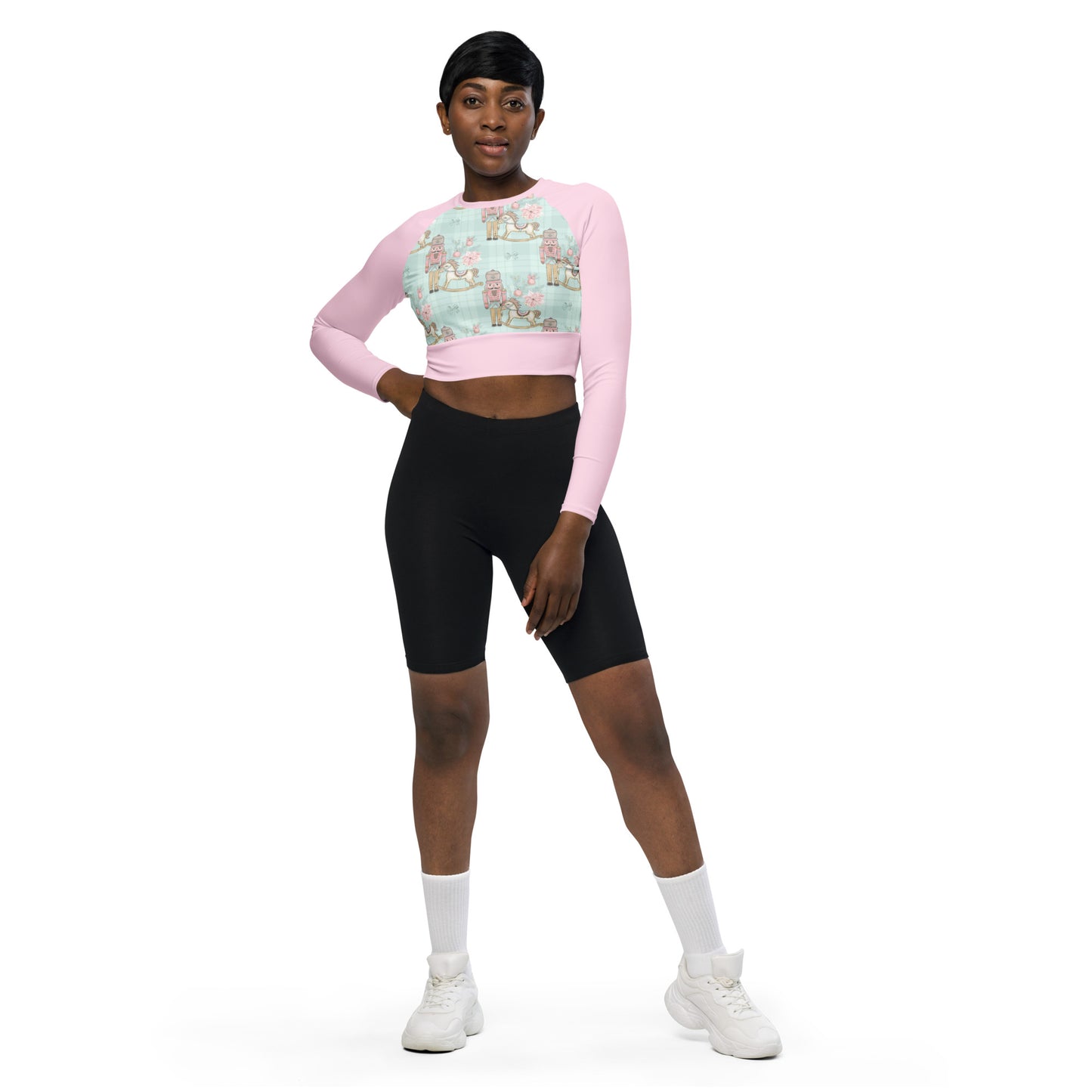 Pastel Pink Christmas Nutcracker and Rocking horse long-sleeve crop top