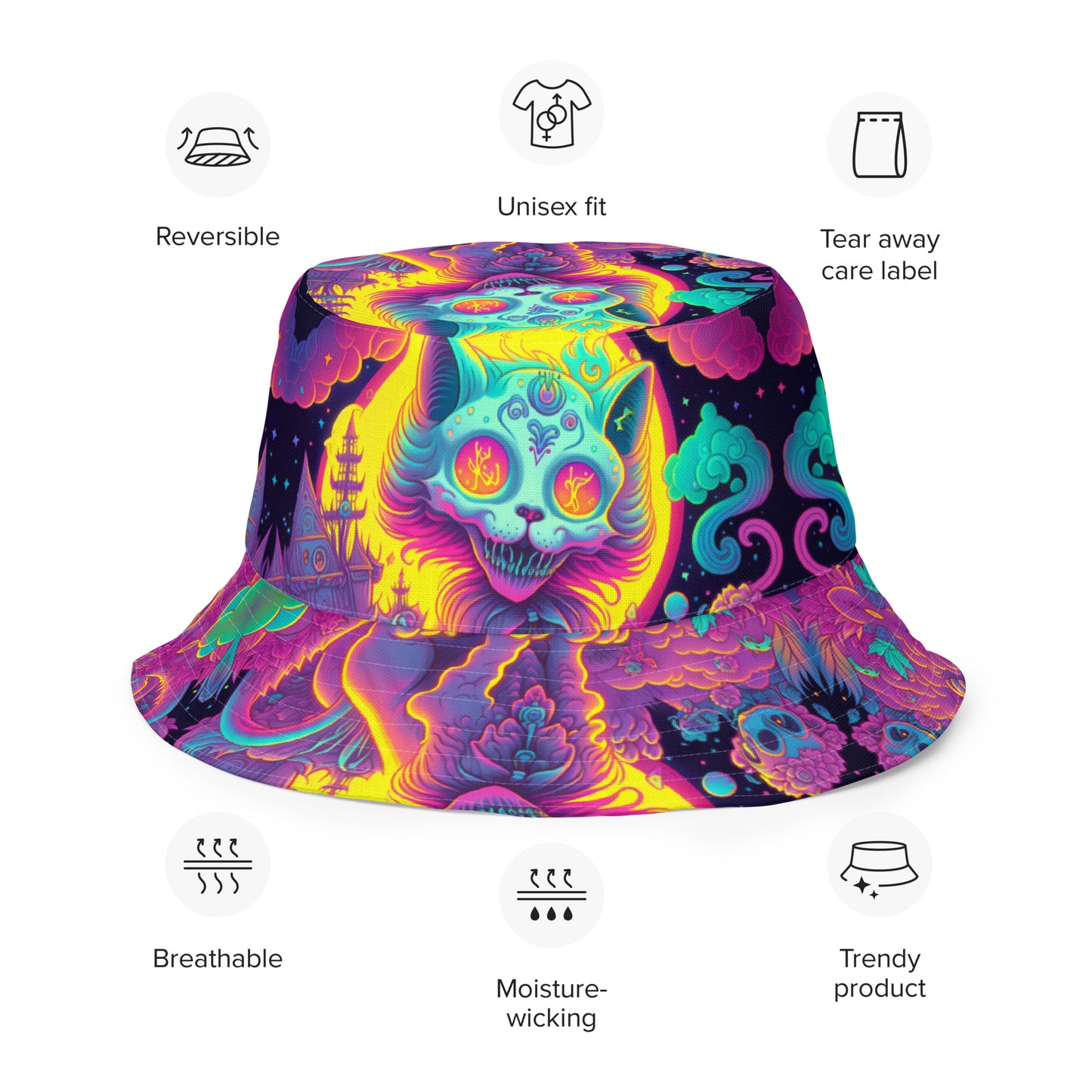 Pastel Goth Rainbow Cat Bucket Hat: Lisa Frank-Inspired, Reversible Design, Spooky & Cute, Unisex Accessory, Perfect Streetwear Style