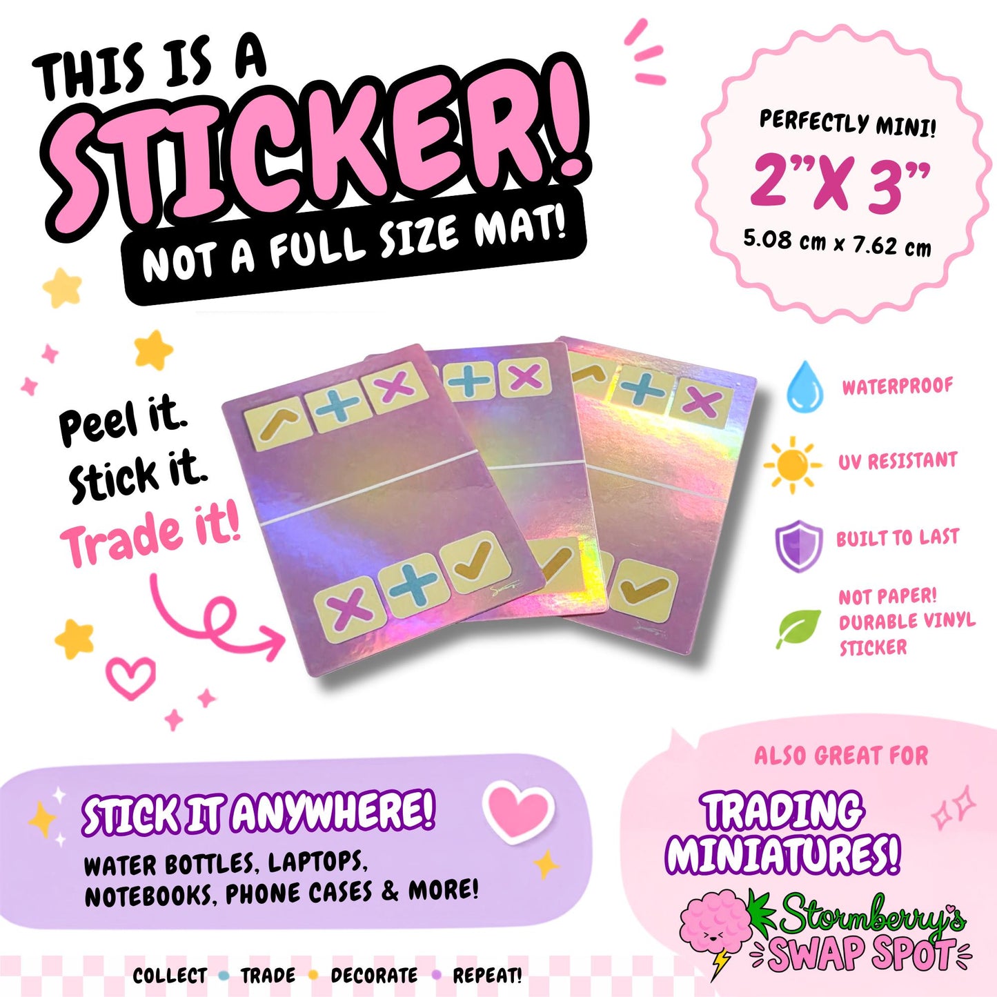 SWAP SPOT Mini Mat Sticker 3 Pack • Holographic Pink Squishy Trading Stickers 2x3 • Waterproof