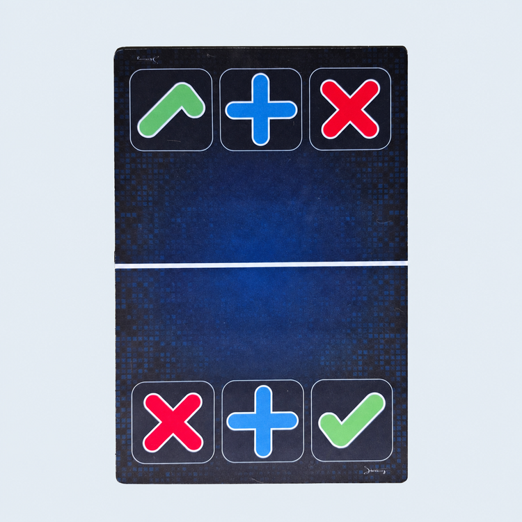 Original 12 x 18 inch Blue Gamer trading mat laid flat, with a navy pixel pattern, blue center glow, red X, blue plus and green check symbols.
