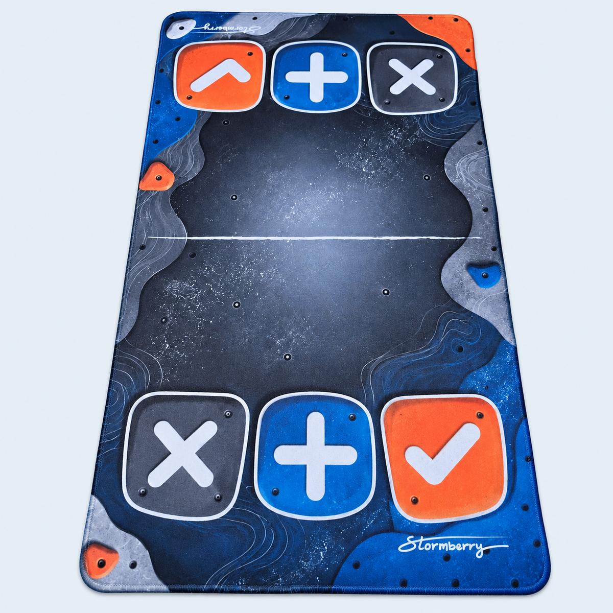 XL Boulder Field trading mat laid flat, showing blue and orange climbing-hold artwork, white trading symbols, center divider and stitched border.