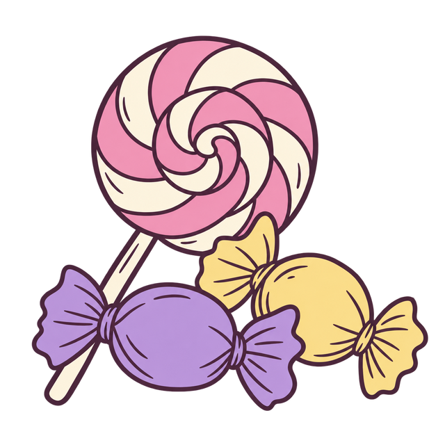 Hand-drawn striped lollipop and two wrapped sweets.