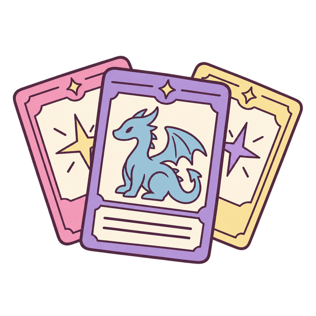 Hand-drawn fan of collectible trading cards with original creature and star artwork.