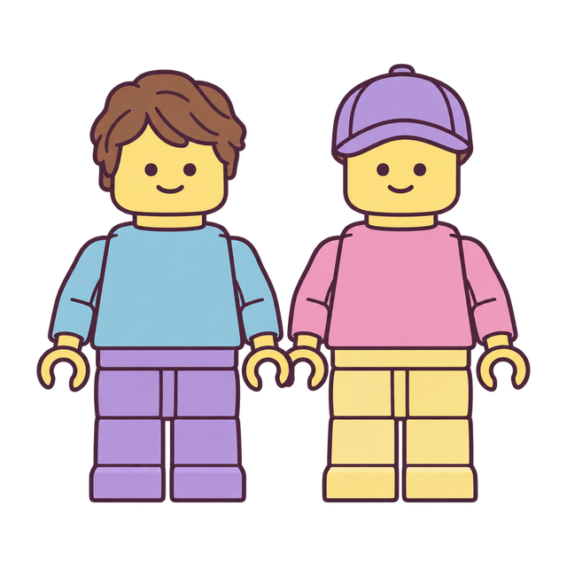 Hand-drawn pair of small buildable toy figures in pink and blue.