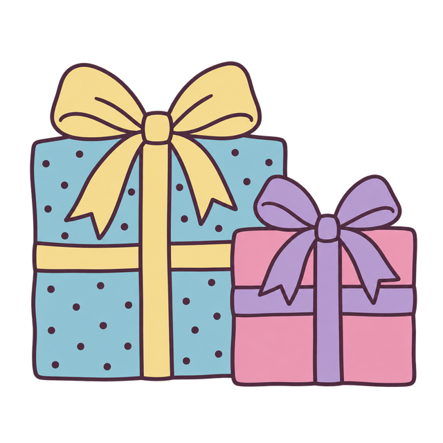 Hand-drawn pink and blue presents with ribbon bows.
