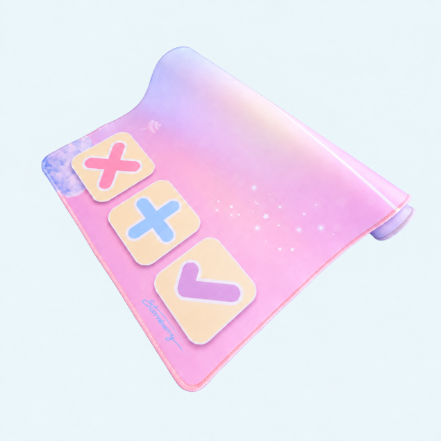 Cotton Candy Cloud mat folded on a pale blue background, showing pink and blue artwork, tiny stars and trading symbols.