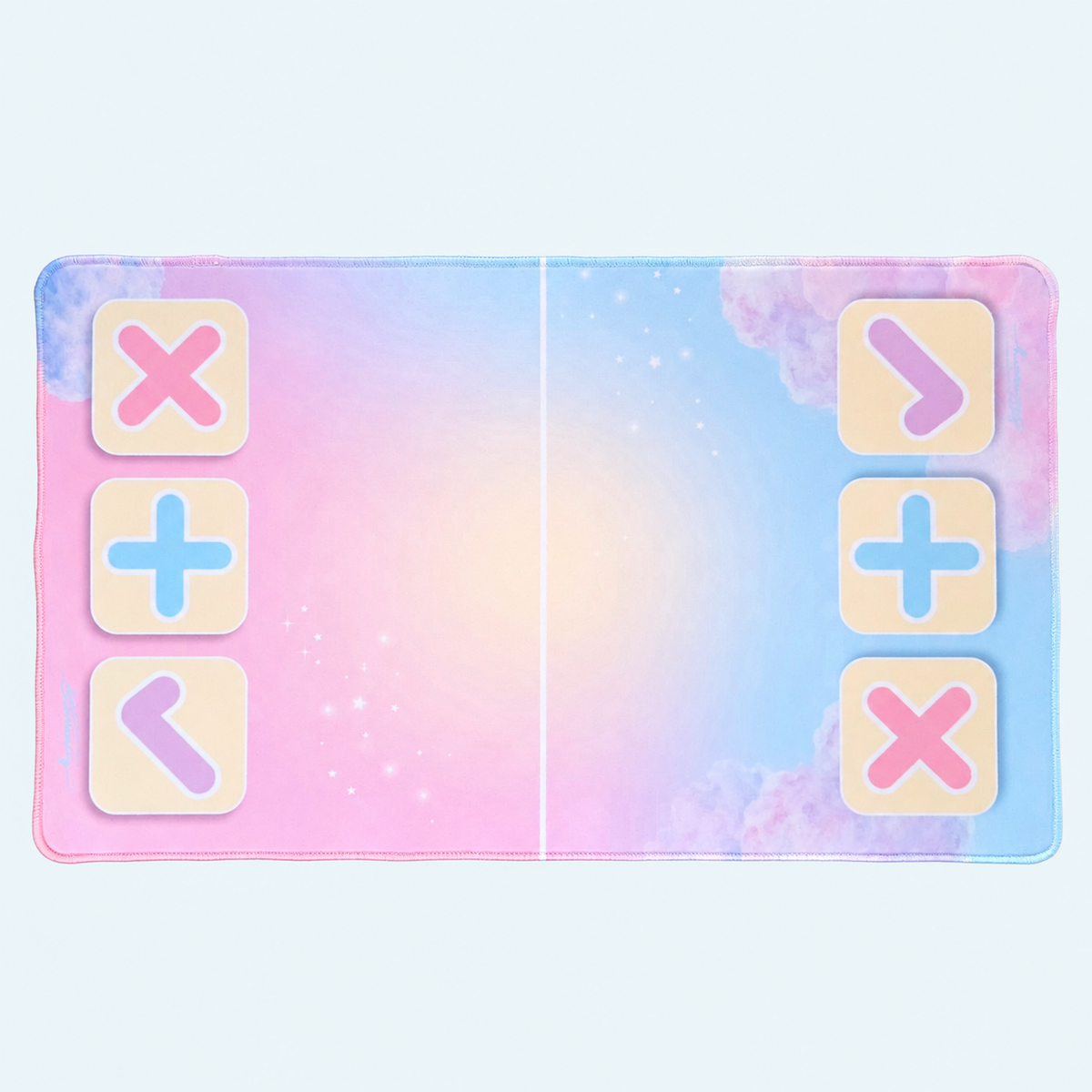 Cotton Candy Cloud XL trading mat laid flat, showing pastel pink and blue clouds, a soft cream center glow and X, plus and check symbols at both ends.