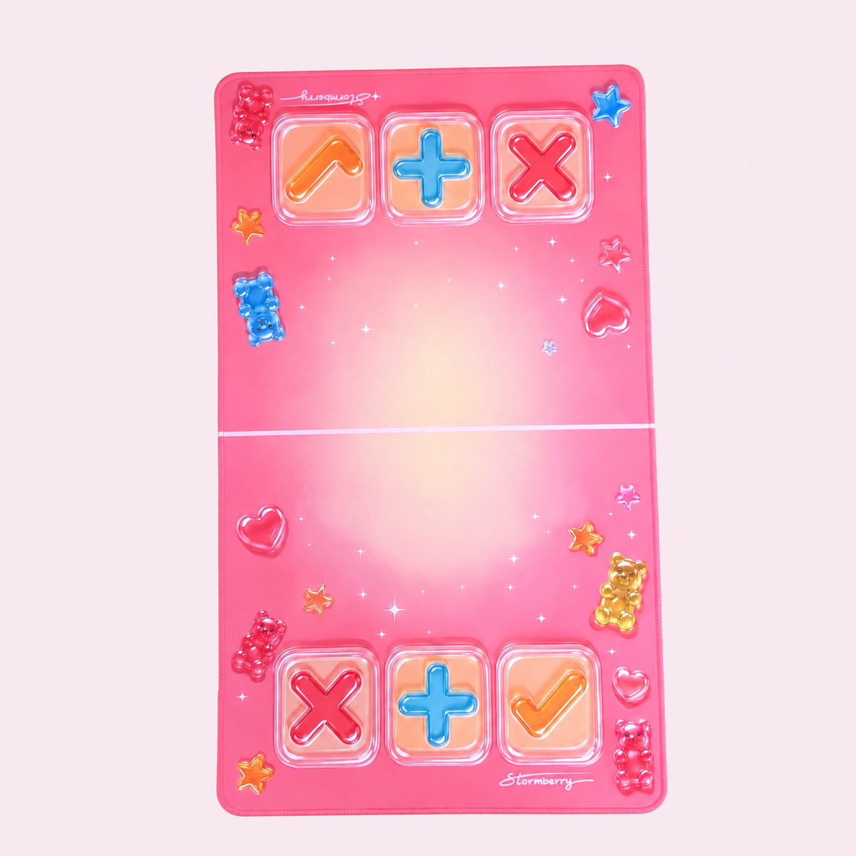 Gummy Gloss trading mat laid flat, with bright pink gummy-bear artwork, a warm center glow and X, plus and check symbols.