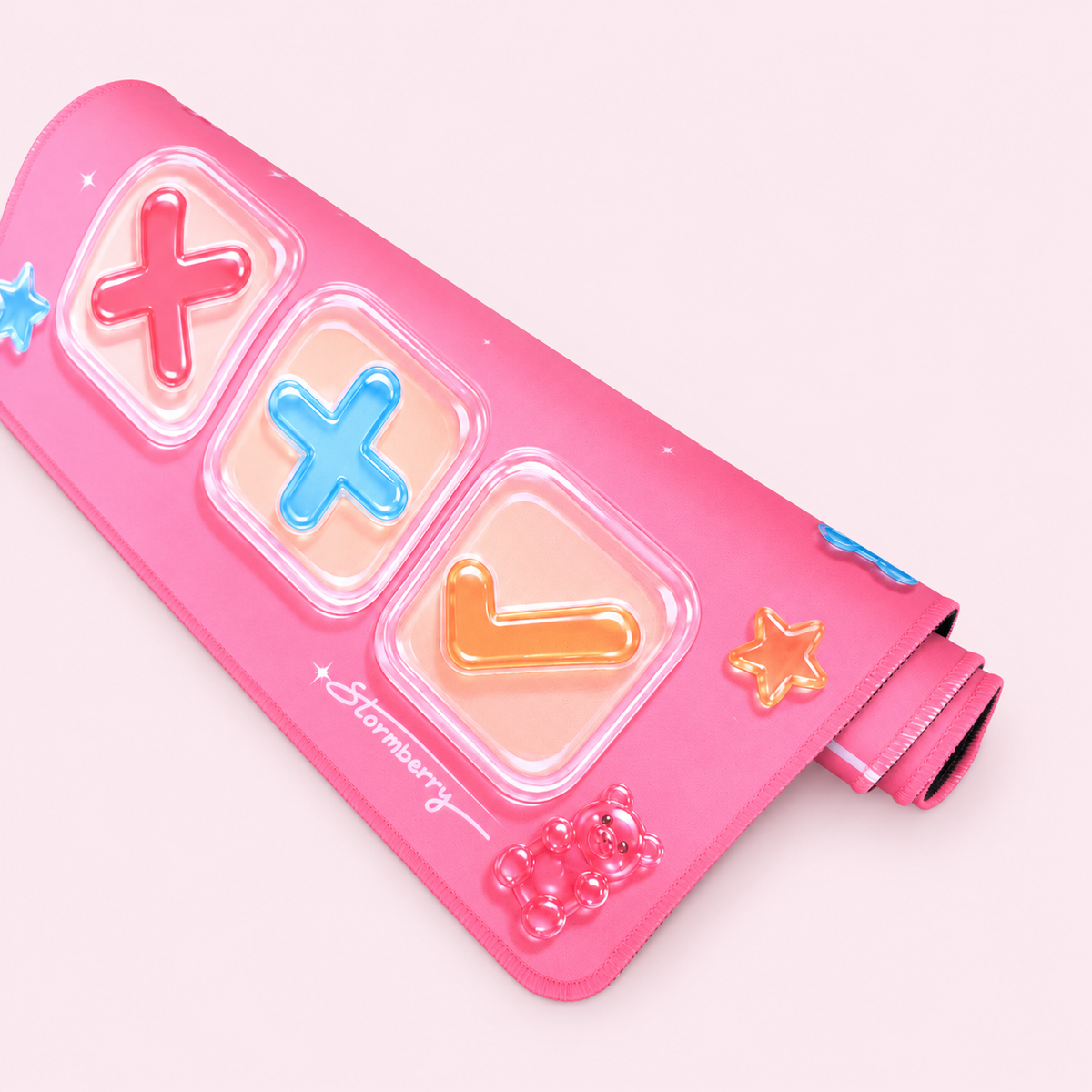 Gummy Gloss mat loosely rolled, showing pink stitched edges, printed gummy bears and the three trading symbols.