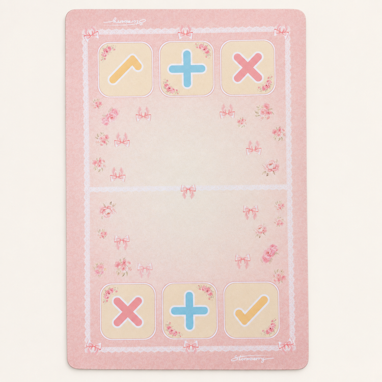 Heirloom Bloom trading mat laid flat, with pale pink roses, ribbon bows, printed white lace and pastel trading symbols.