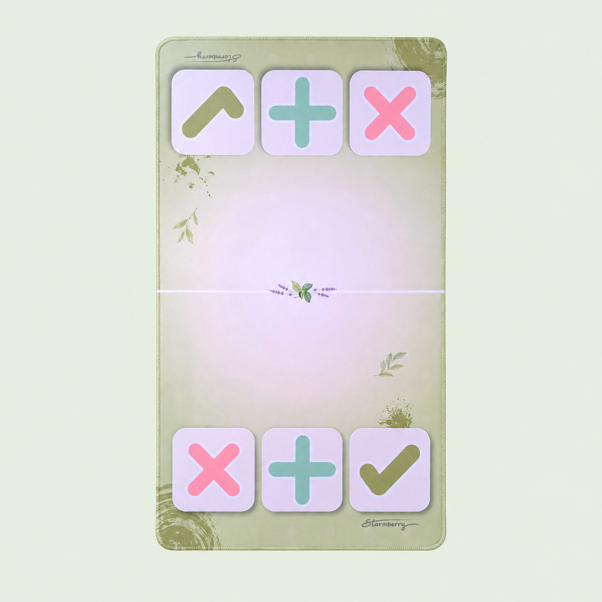 XL Matcha Garden trading mat laid flat, showing its botanical border, pale center glow and both sets of trading symbols.
