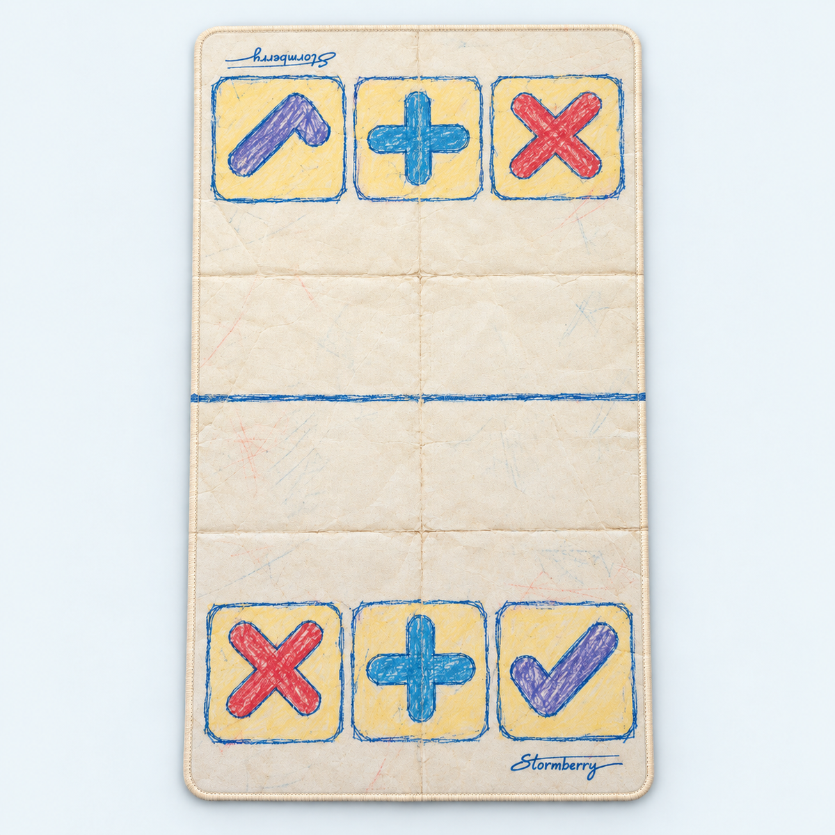 Paper Crayon trading mat laid flat, with cream paper-style artwork, yellow panels, red X, blue plus and purple check symbols.