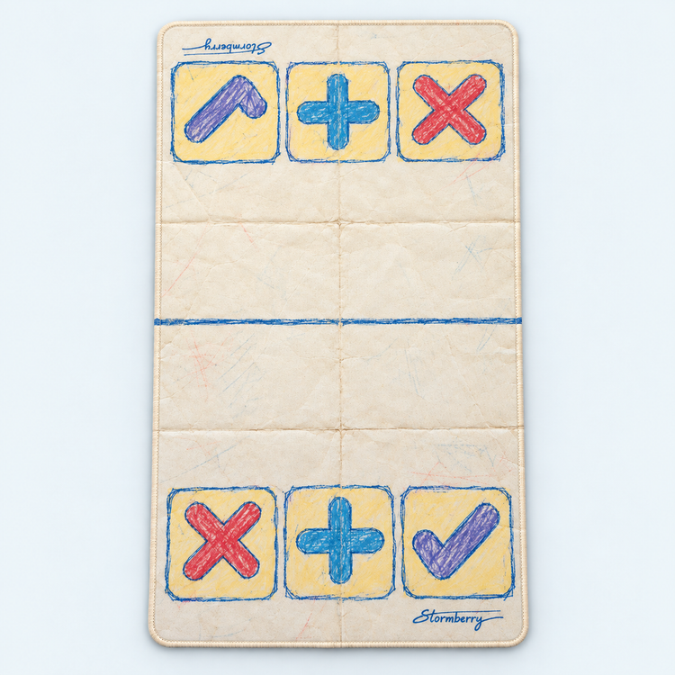 Paper Crayon trading mat laid flat, with cream paper-style artwork, yellow panels, red X, blue plus and purple check symbols.