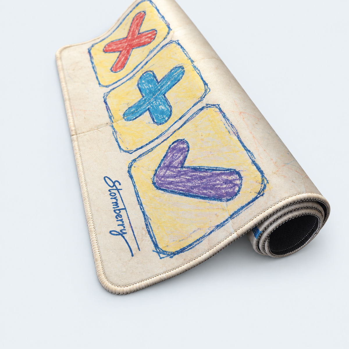 Rolled Paper Crayon trading mat showing the cream printed surface, crayon-style trading symbols, stitched edge and black underside.
