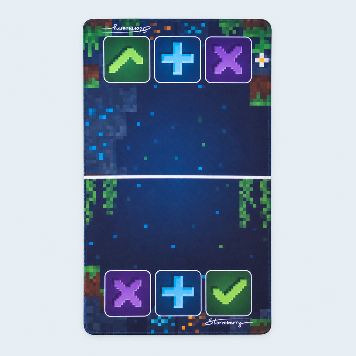 Full front view of the Pixel Block XL trading mat with navy, green and brown pixel artwork, a center divider, and both sets of trading symbols.