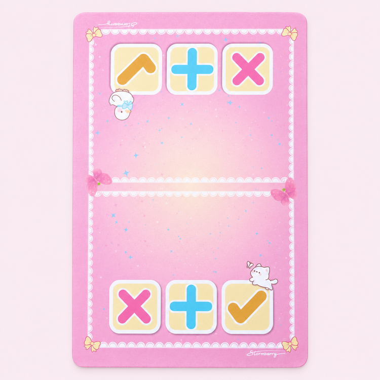 Pixie Lace trading mat in bright pink with a warm center glow, printed white lace, ribbon bows, a goose and a cat.