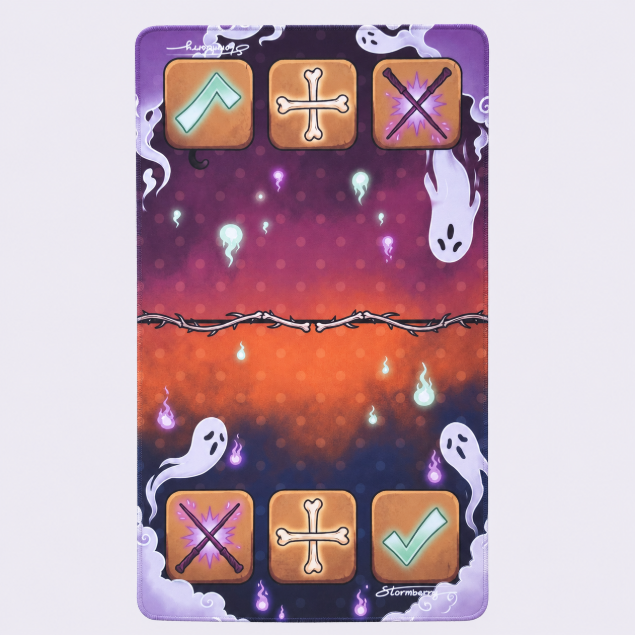 Haunted Hollow trading mat laid flat, with ghosts, orange and purple artwork, a bone plus and glowing green checks.