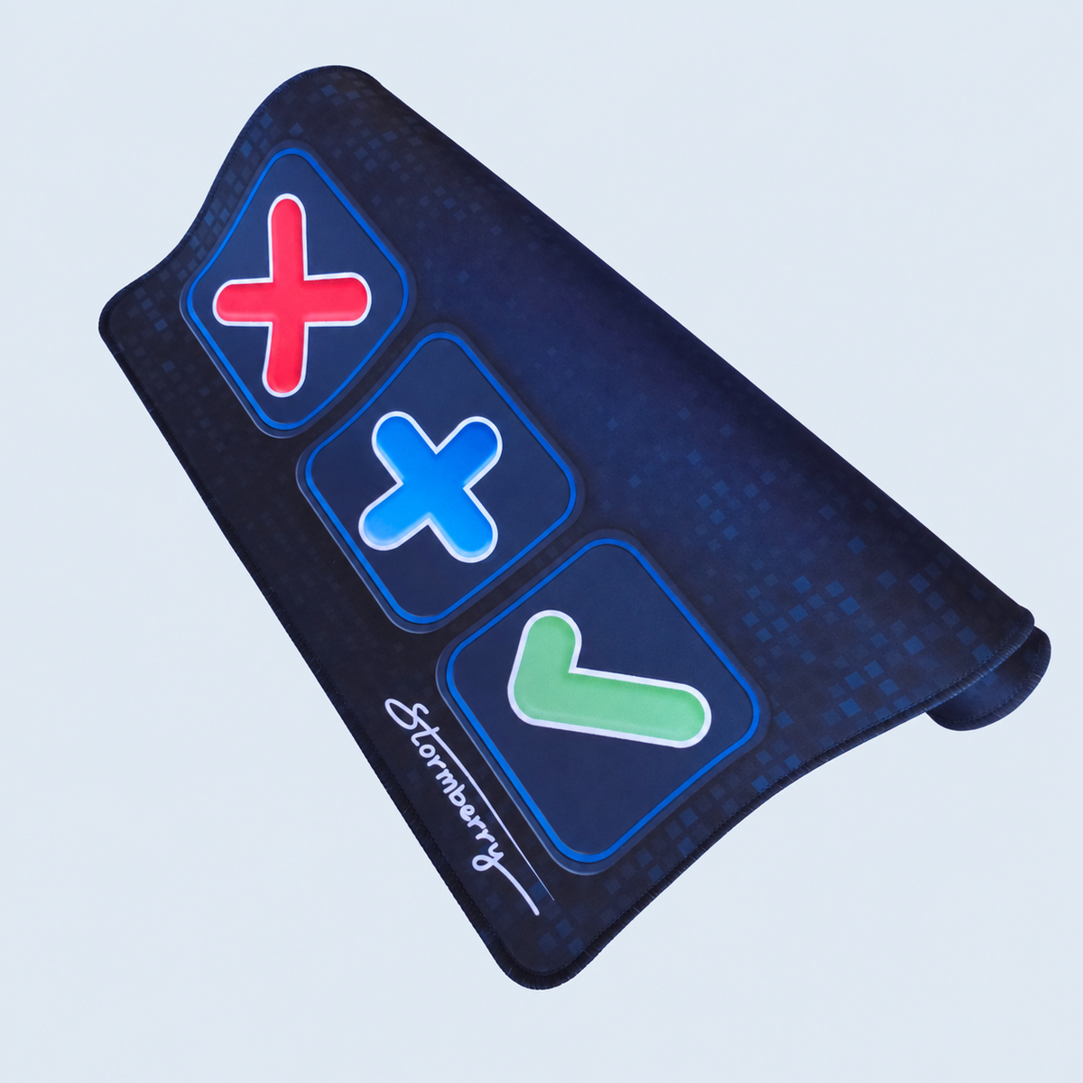 XL Blue Digital Pixel trading mat partly rolled, showing its navy pixel print and stitched edge.