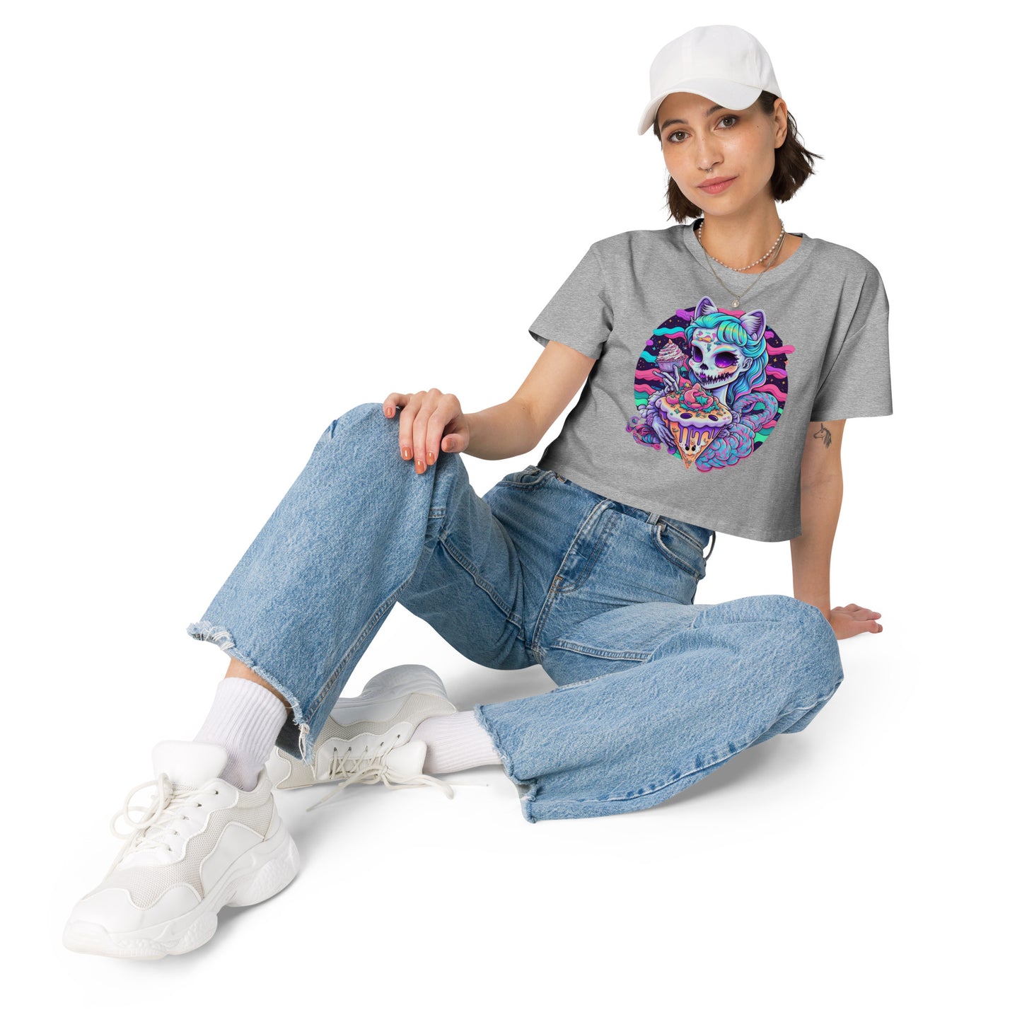 Charming Spooky Cat Lady Crop Top: Pastel Lisa Frank Style, Cute Creepy, Perfect for Feline Fans, Adorable Aesthetic, Trendy Design