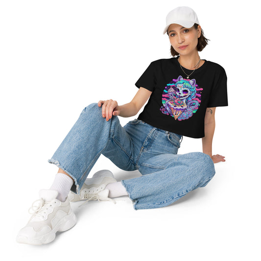 Charming Spooky Cat Lady Crop Top: Pastel Lisa Frank Style, Cute Creepy, Perfect for Feline Fans, Adorable Aesthetic, Trendy Design
