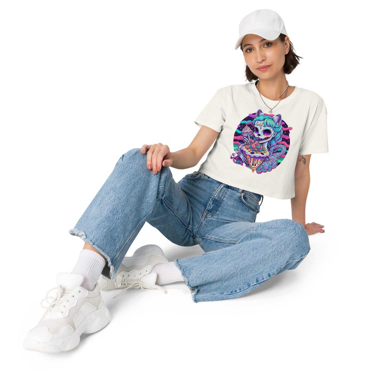Charming Spooky Cat Lady Crop Top: Pastel Lisa Frank Style, Cute Creepy, Perfect for Feline Fans, Adorable Aesthetic, Trendy Design