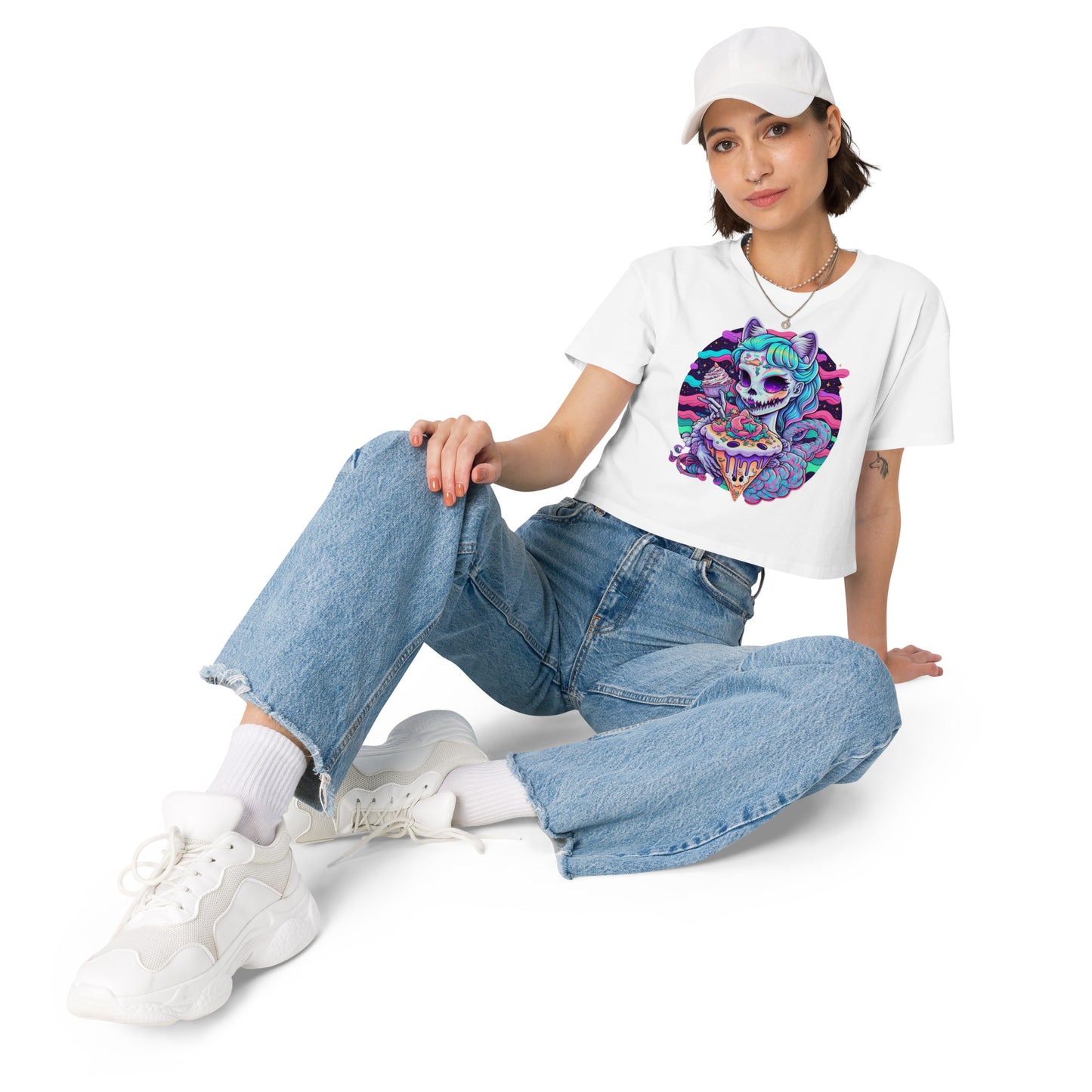 Charming Spooky Cat Lady Crop Top: Pastel Lisa Frank Style, Cute Creepy, Perfect for Feline Fans, Adorable Aesthetic, Trendy Design
