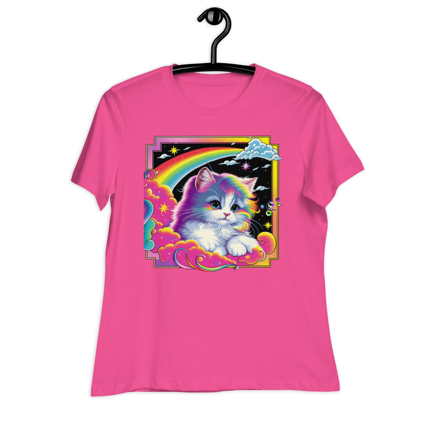 Adorable White Cat Tee: Flowy Rainbow Hair, Lisa Frank Inspired, Perfect for Feline Lovers, Vibrant Design, Unique & Stylish