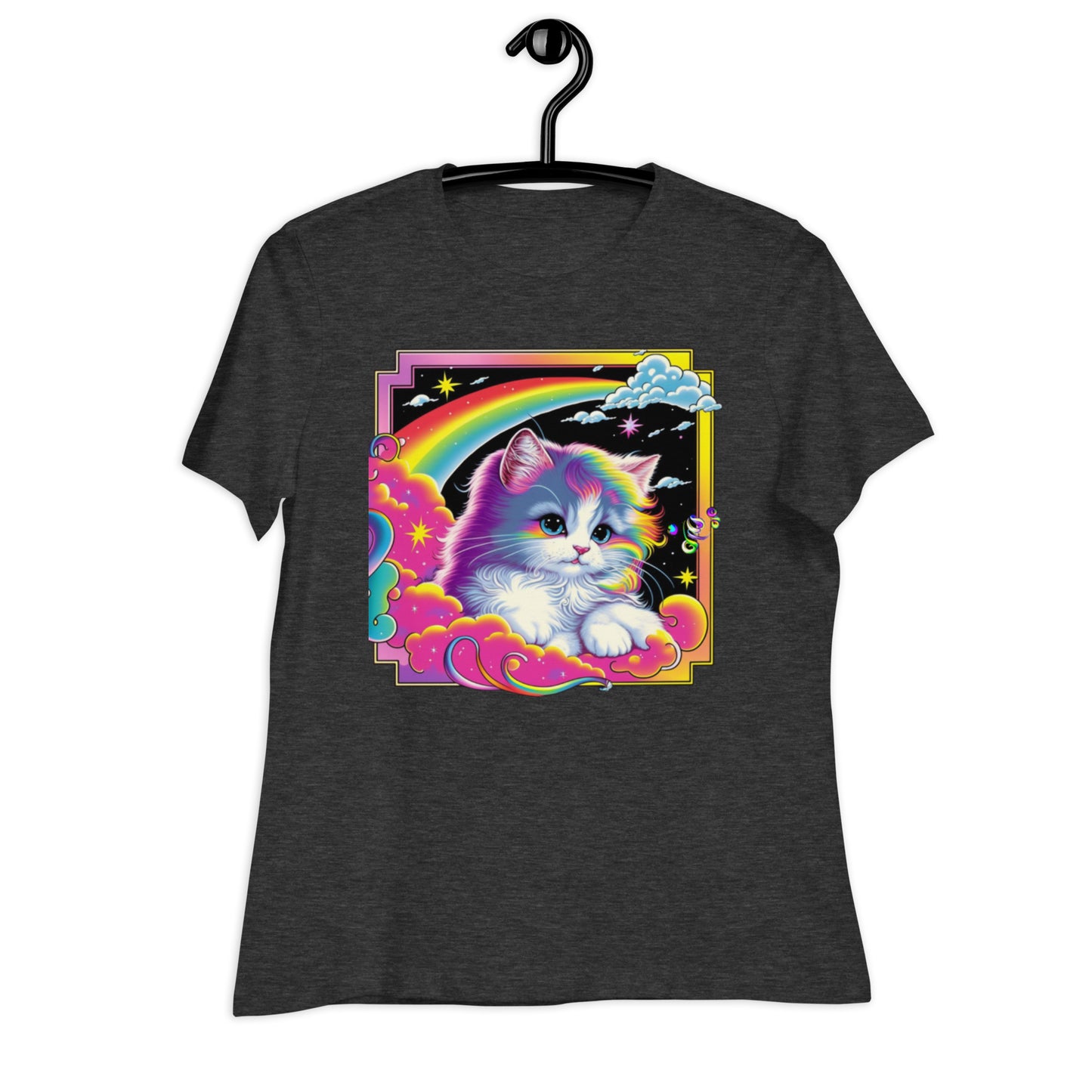 Adorable White Cat Tee: Flowy Rainbow Hair, Lisa Frank Inspired, Perfect for Feline Lovers, Vibrant Design, Unique & Stylish