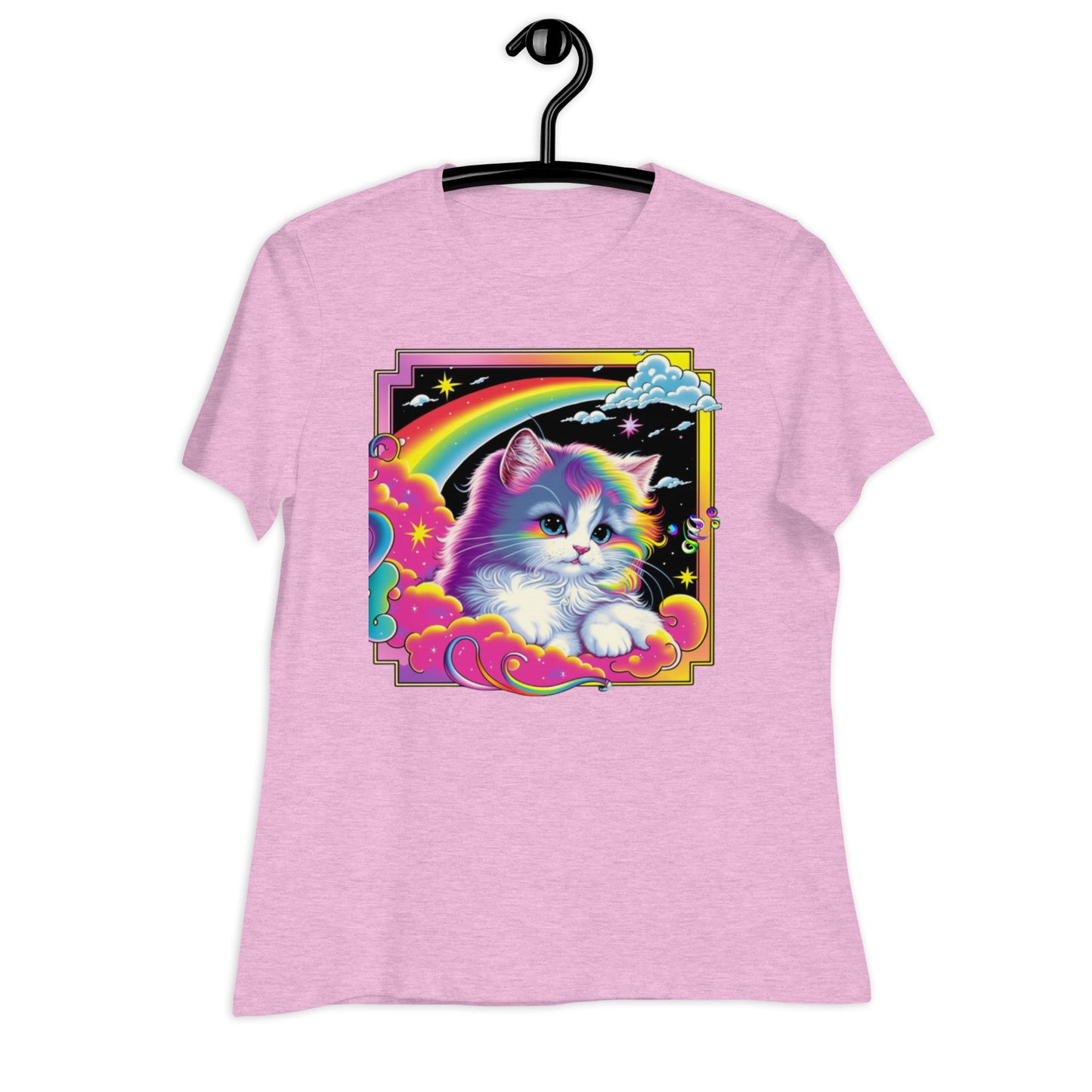 Adorable White Cat Tee: Flowy Rainbow Hair, Lisa Frank Inspired, Perfect for Feline Lovers, Vibrant Design, Unique & Stylish